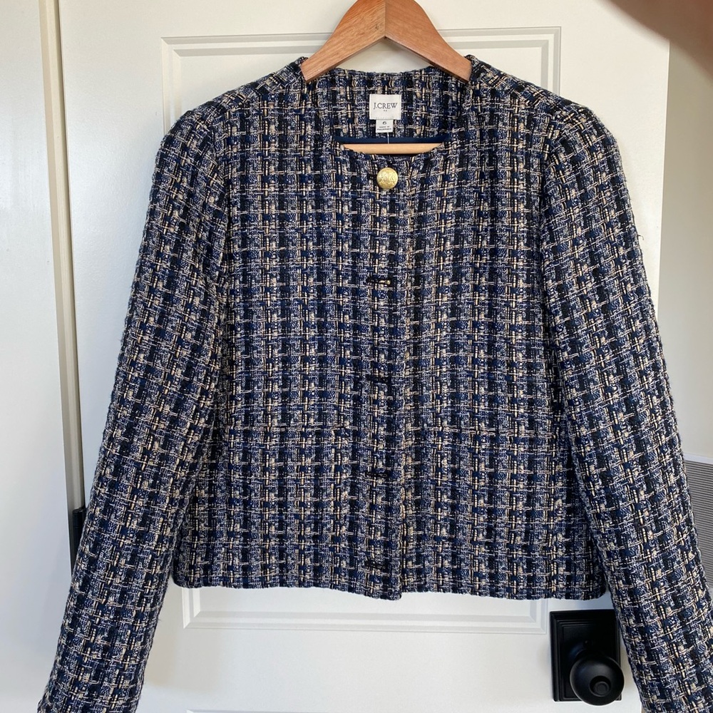 J. Crew Factory NWT Blue and White Tweed Blazer